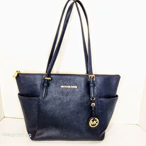 MICHAEL KORS Jet Set  Large Blue Saffiano Leather Top-Zip Tote Bag